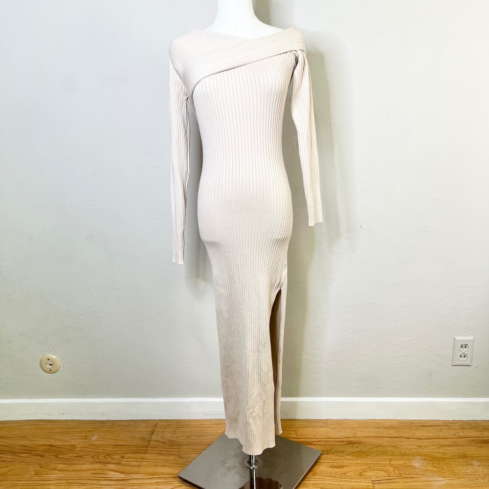 Petal + Pup Beige Ribbed Off Shoulder Midi Dress Size M/L Long Sleeve Cammie